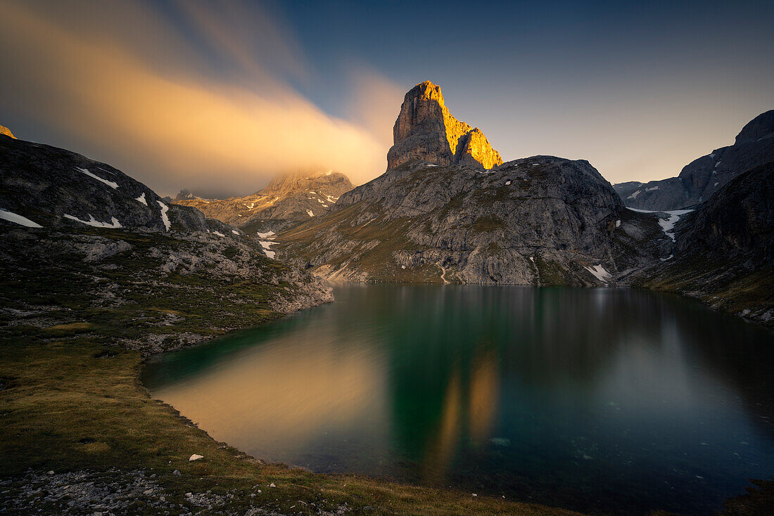 Europe, Trentino, Italy, Dolomites, Fassa valley, Catinaccio. Reflections in the dry lake.