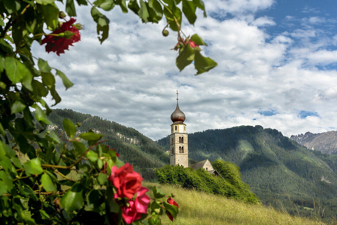 Kastelruth, Castelrotto, Dolomites, South Tyrol, Italy. The church of St. Valentin in Kastelruth/Castelrotto.