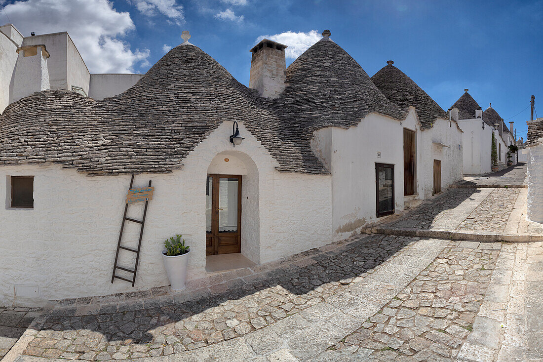 Blick auf die Trulli, typische Gebäude von Alberobello (Unesco-Weltkulturerbe) an einem herrlichen Sommertag, Gemeinde Alberobello, Provinz Bari, Region Apulien, Italien, Europa