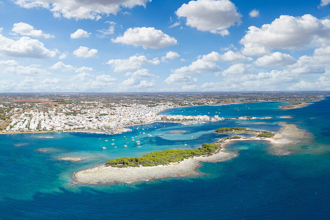 aerial view taken by drone of Porto Cesareo in summer time, municipality of Porto Cesareo, Lecce province, Apulia district, Italy, Europe