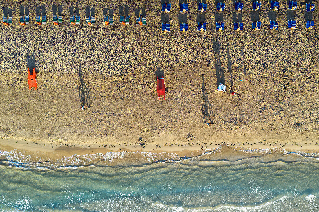 Senkrechtes Luftbild des ausgestatteten Strandes von Vieste, aufgenommen während eines Sonnenaufgangs im Sommer, Gemeinde Vieste, Provinz Foggia, Bezirk Apulien, Italien, Europa