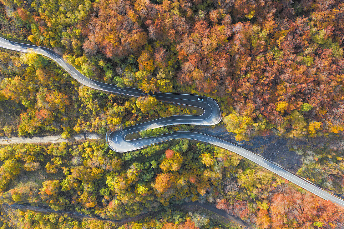 die gewundenen Kurven der Apenninstraßen, aufgenommen von der Drohne an einem Herbsttag, toskanisch-emilianischer Apennin-Nationalpark, Gemeinde Ventasso, Provinz Reggio Emilia, Region Emilia Romagna, Italien, Europa