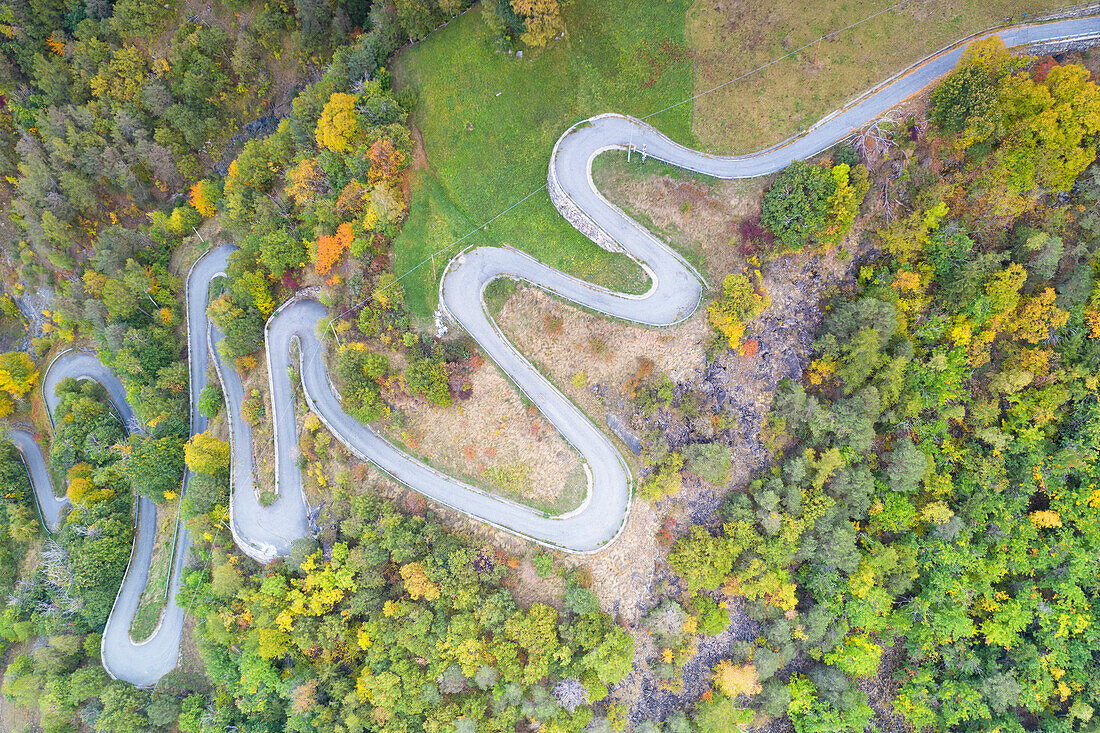 vertical view taken by drone of alpine road around Aosta, municipality of Aosta, Aosta province, Valle d'Aosta district, Italy, Europe