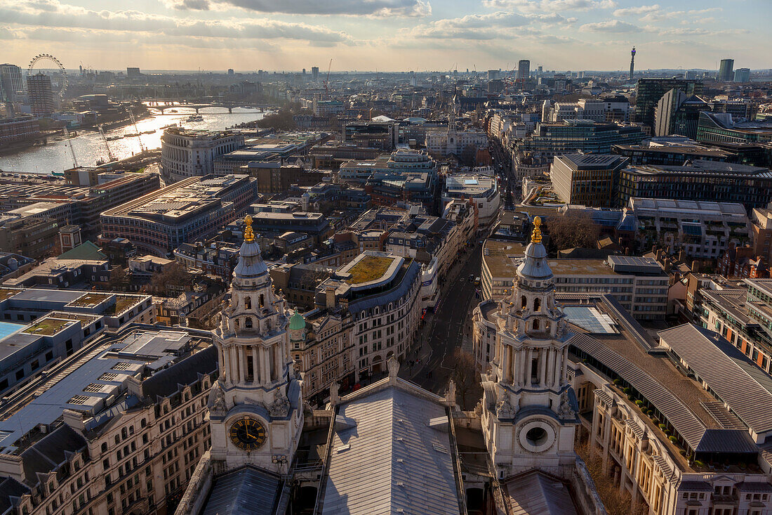 The view from the Golden Gallery of St. Paul’s Cathedral towards Ludgate Hill and river Thames , London, Great Britain, UK