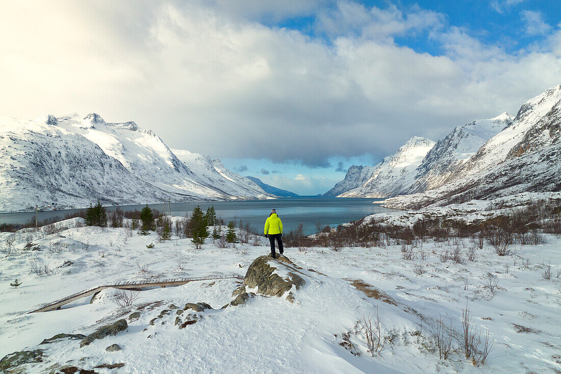 ein Tourist genießt den Panoramablick auf den Ersfdjord, Troms, Norwegen, Europa