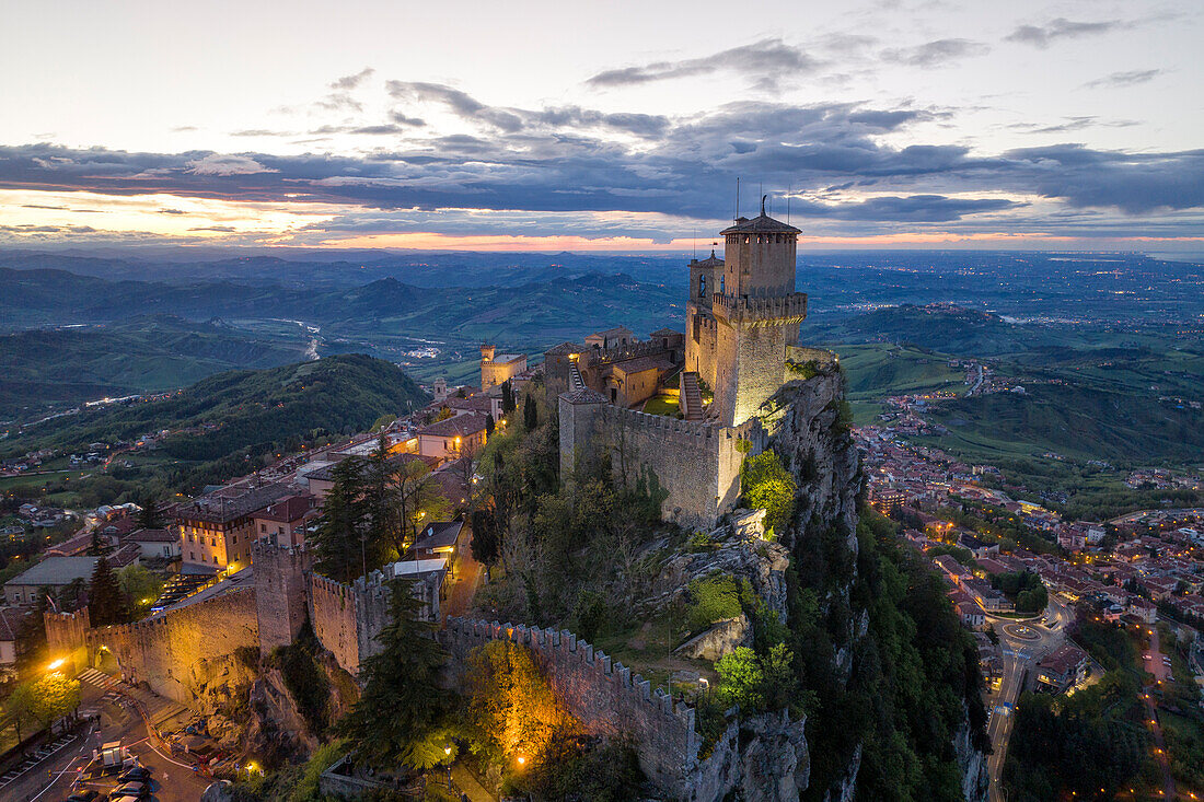 aerial view taken by drone of San Marino, during a spring sunset, Republic of San Marino, Europe