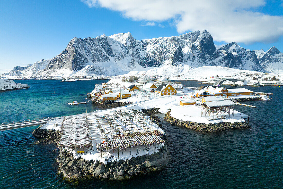 Winter day in Sakrisoy village with mountain peak covered with snow, Lofoten Islands, Norway, Europe