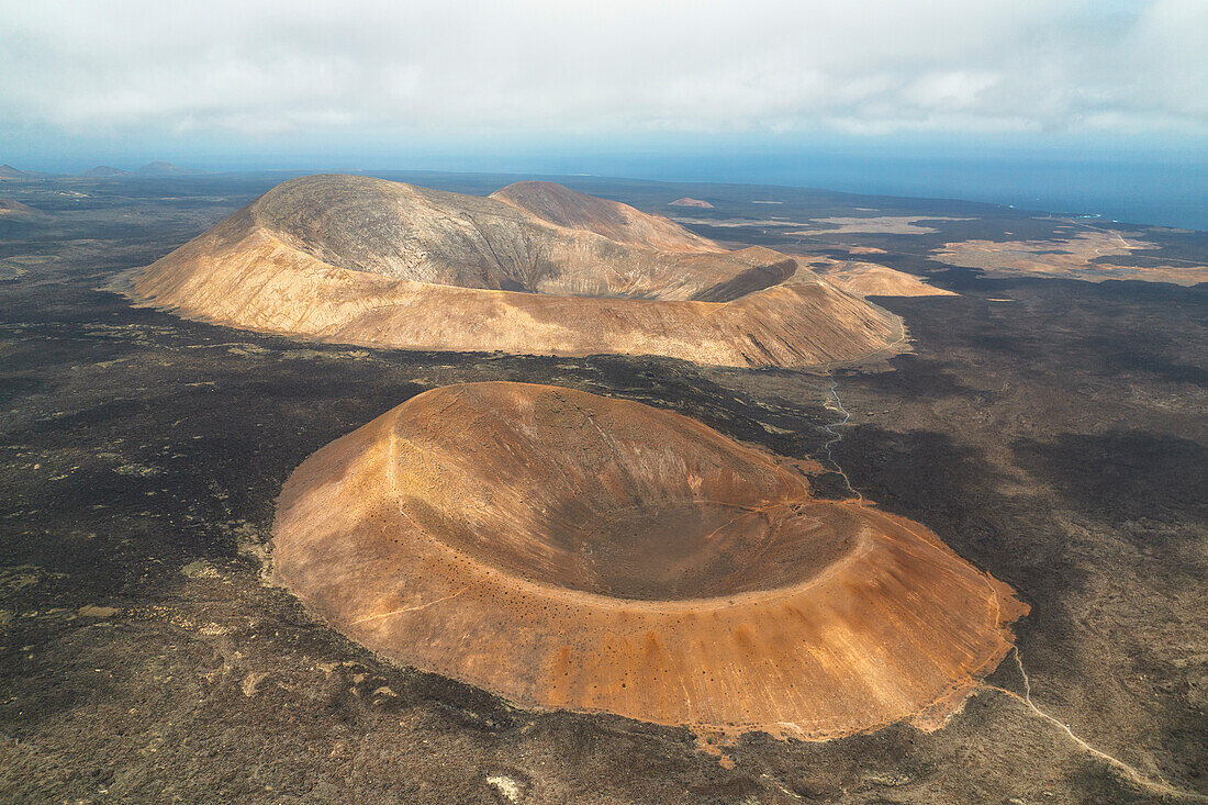 aerial view taken by drone of Caldera Blanca Volcano, Lanzarote, Canary Island, Spain, Europe