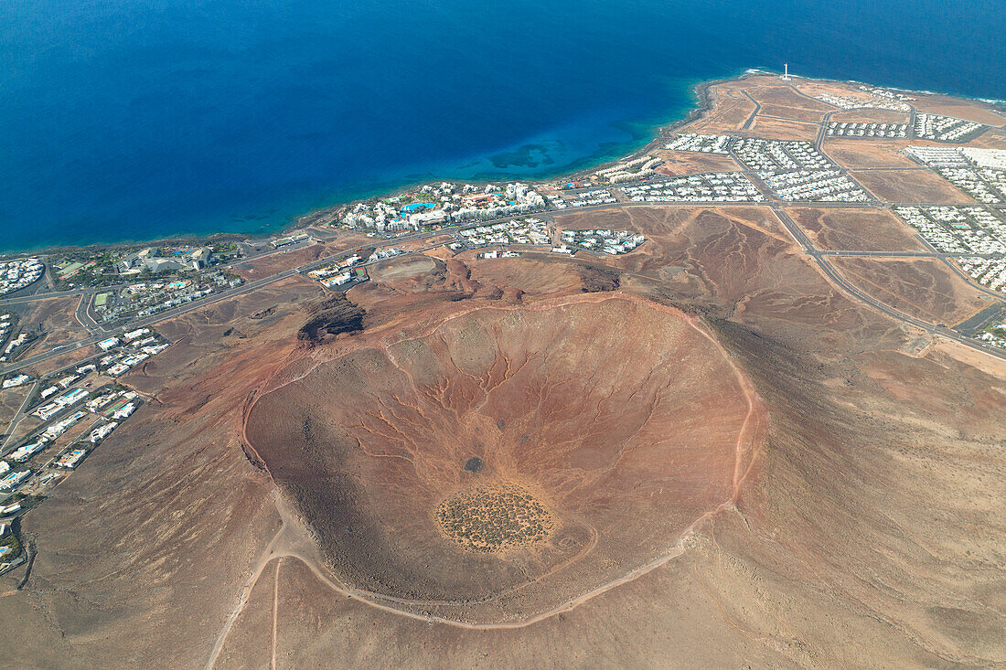 aerial view taken by drone of the Caldera Montana Roja Volcano, Playa Blanca, Lanzarote, Canary Island, Spain, Europe