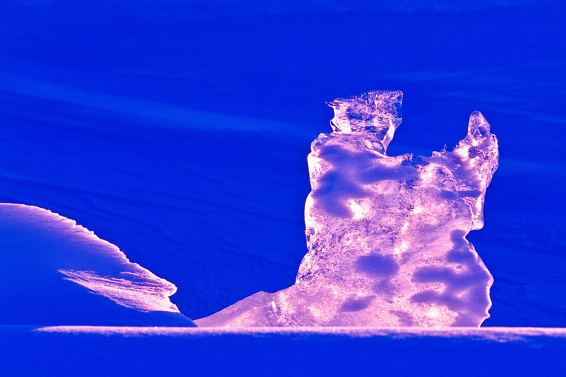 Der Sonnenuntergang scheint durch das Eis, das wie ein ringender Eisbär geformt ist, Lake Manitoba, MB