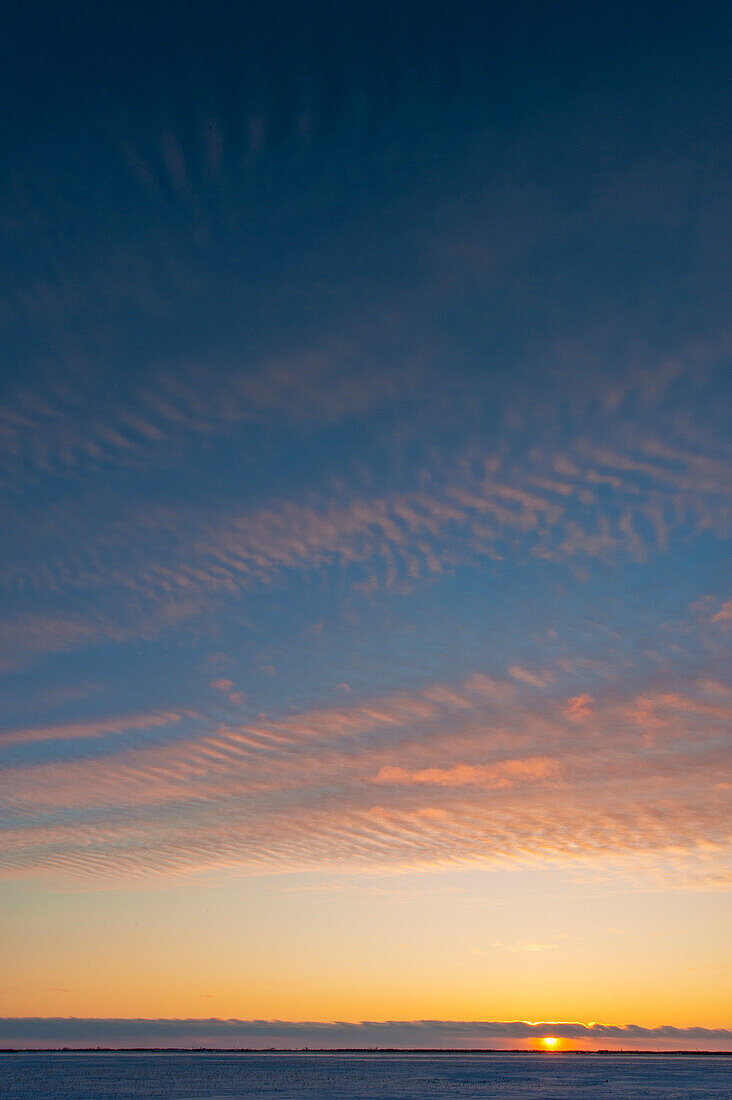 Canadian prairies pastel sunset sky over snowy field in winter.