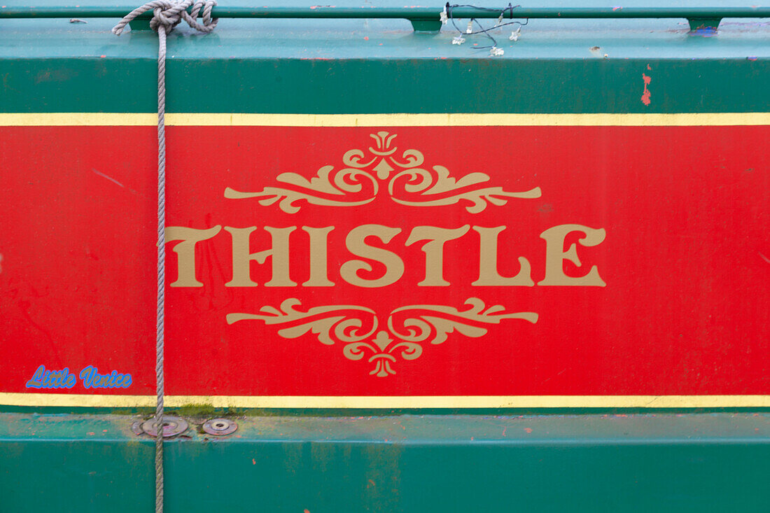 Decoration on a narrowboat moored on the Regent's Canal, Little Venice, London, Great Britain, UK