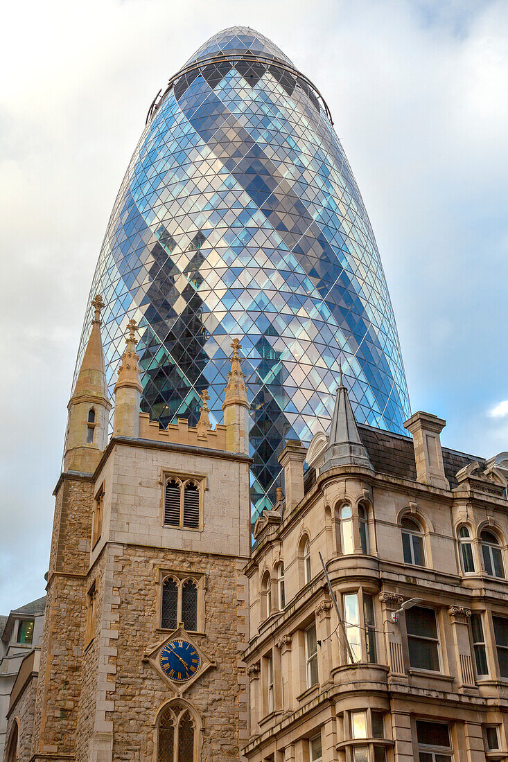 St Andrew Undershaft Church and 30 St Mary Axe skyscraper (the Gherkin), City of London, London, Great Britain, UK