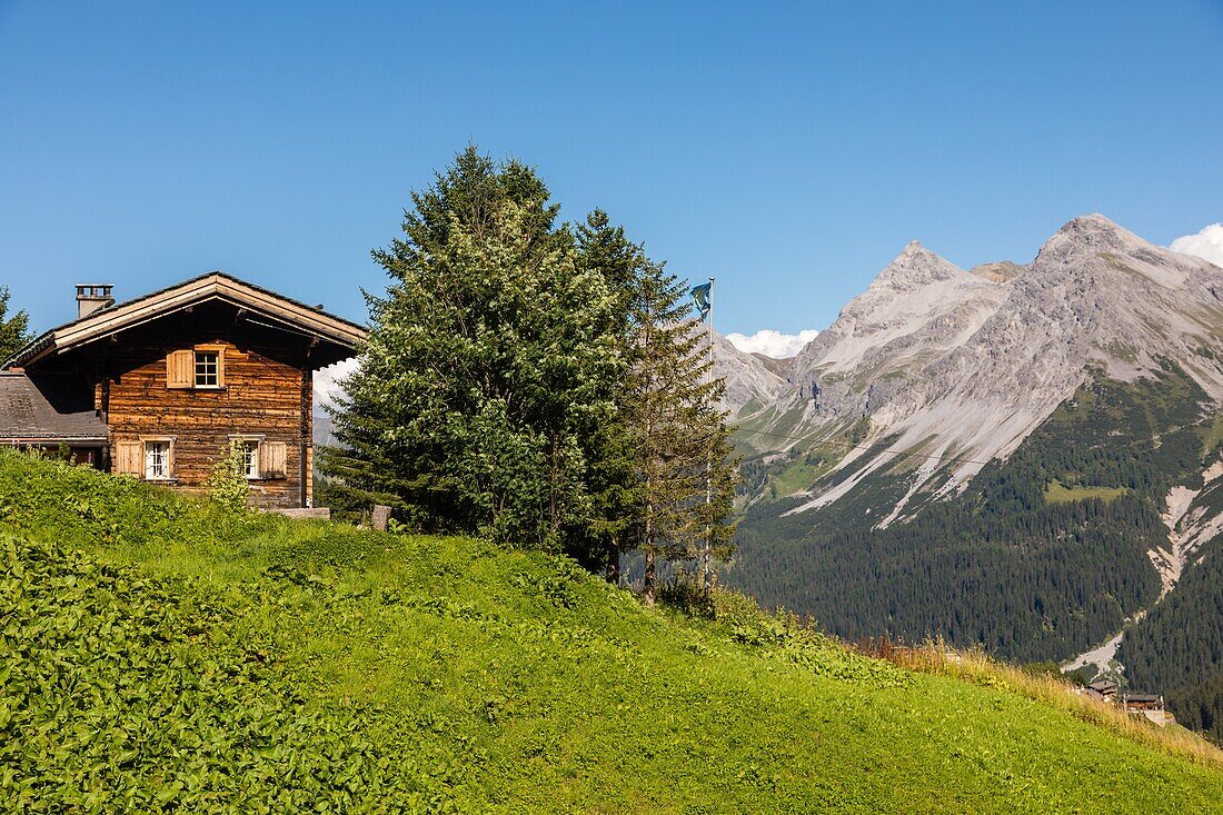 Traditionelles Chalet auf den Höhen des Bergortes Arosa, typische Aufnahme der Schweiz, Schweizer Alpen, Arosa, Kanton Graubünden, Schweiz