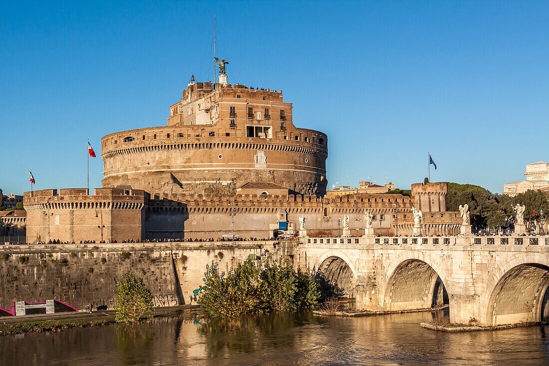 Shot of the castel sant angelo and sant angelo bridge, architecture, rome, italy