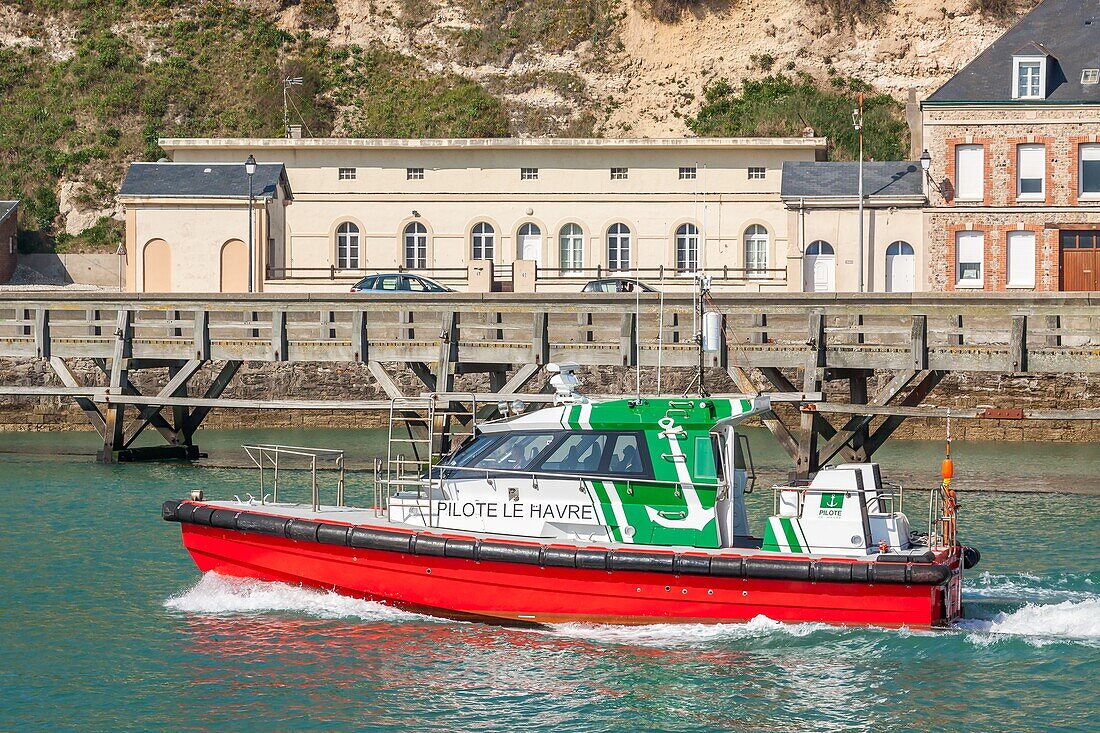 The speedboat pilote le havre leaving the port of fecamp, seine-maritime, normandy, france