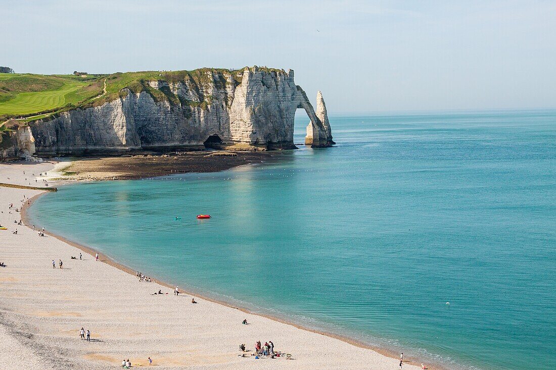 View of the famous aval cliff, limestone cliff forming a natural arch, etretat, seine-maritime, normandy, france