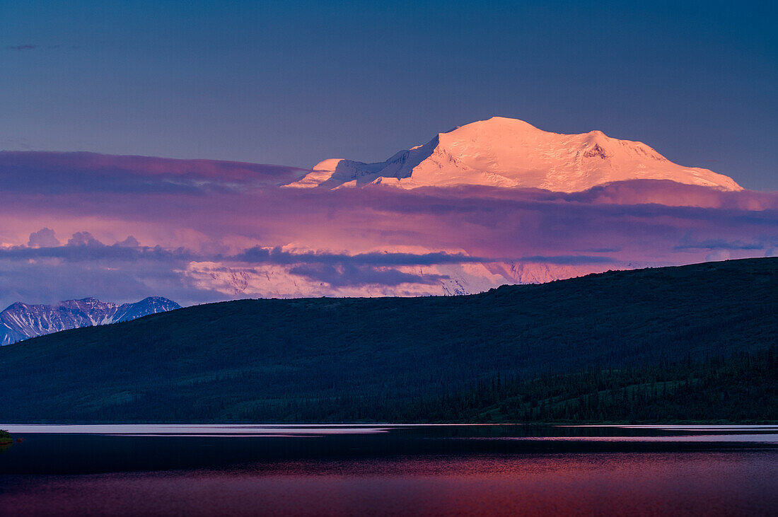 MOUNT DENALI (Mt. McKinley) mit Alpenglühen im Denali National Park, gespiegelt im Wonder Lake, Alaska, USA.