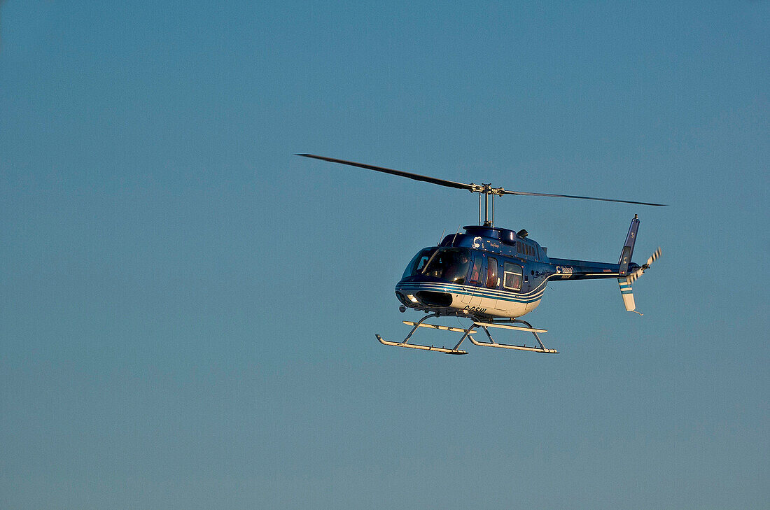 Helicopter hovers in blue sky.