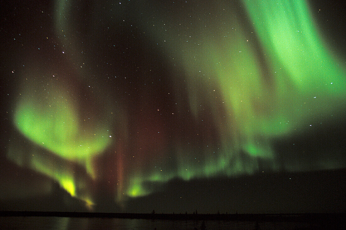 Aurora Borealis Northern Lights reflected in tundra lake near Churchill, Manitoba, sub-arctic, Northern Canada