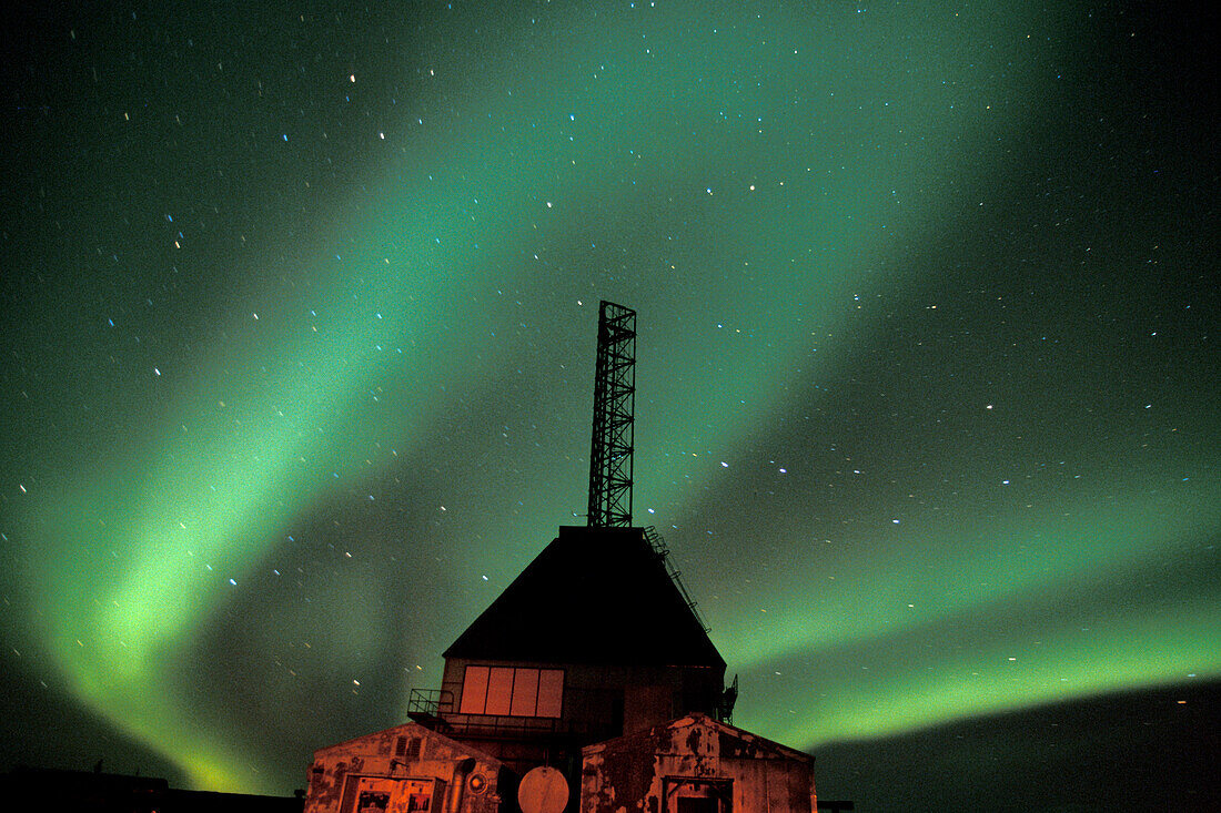 Aurora Borealis Northern Lights over rocket launcher near Churchill, Manitoba, sub-arctic, Northern Canada