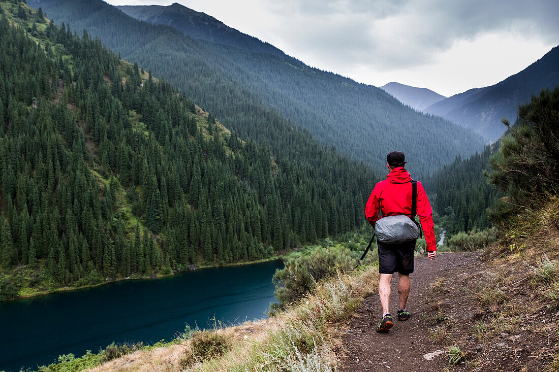 Hiking in Kolsay Lakes National Park, in Kungoy Ala Range from the biggest Tian Shan Range