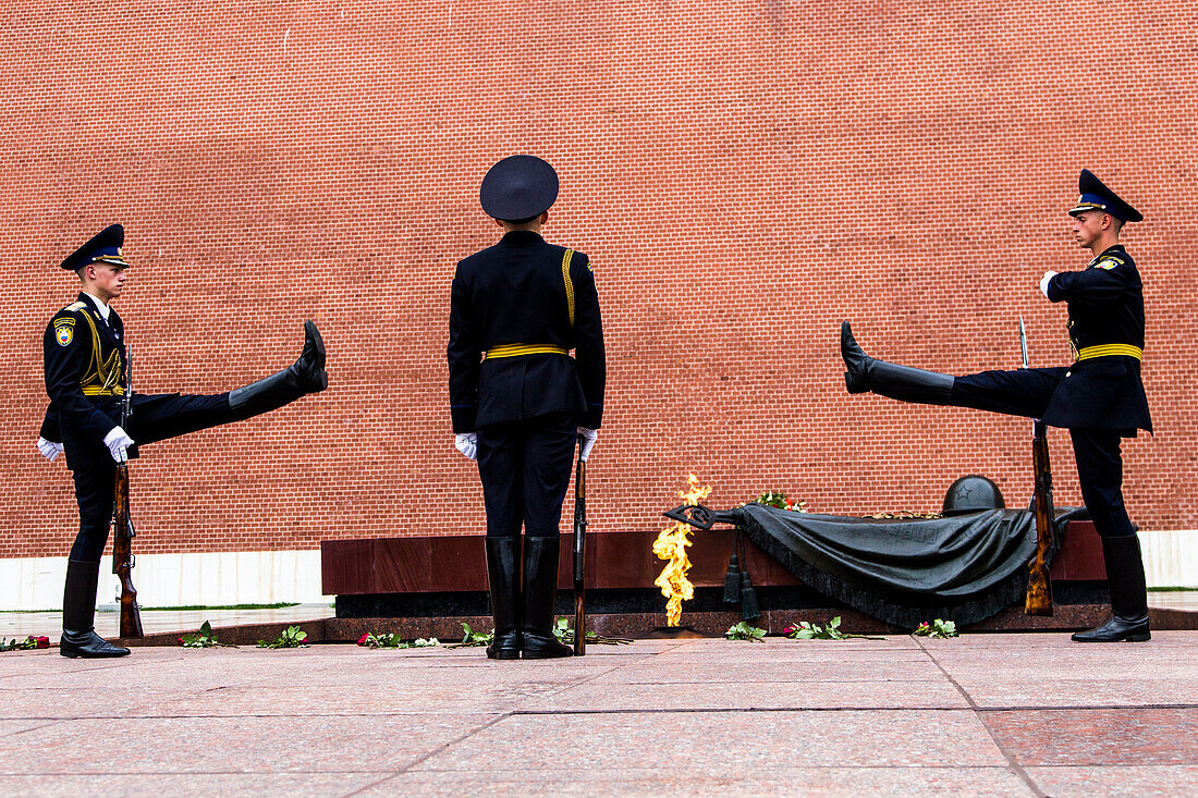 Soldiers during the changing of the Guard at the Tomb of the Unknown Soldier outside of the Kremlin in Moscow