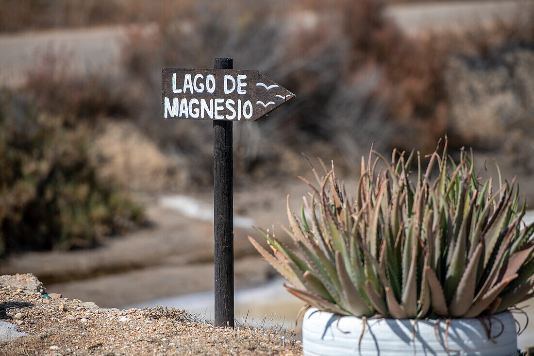 Sign pointing to lake at Salt marshes, Isla Cristina, Spain