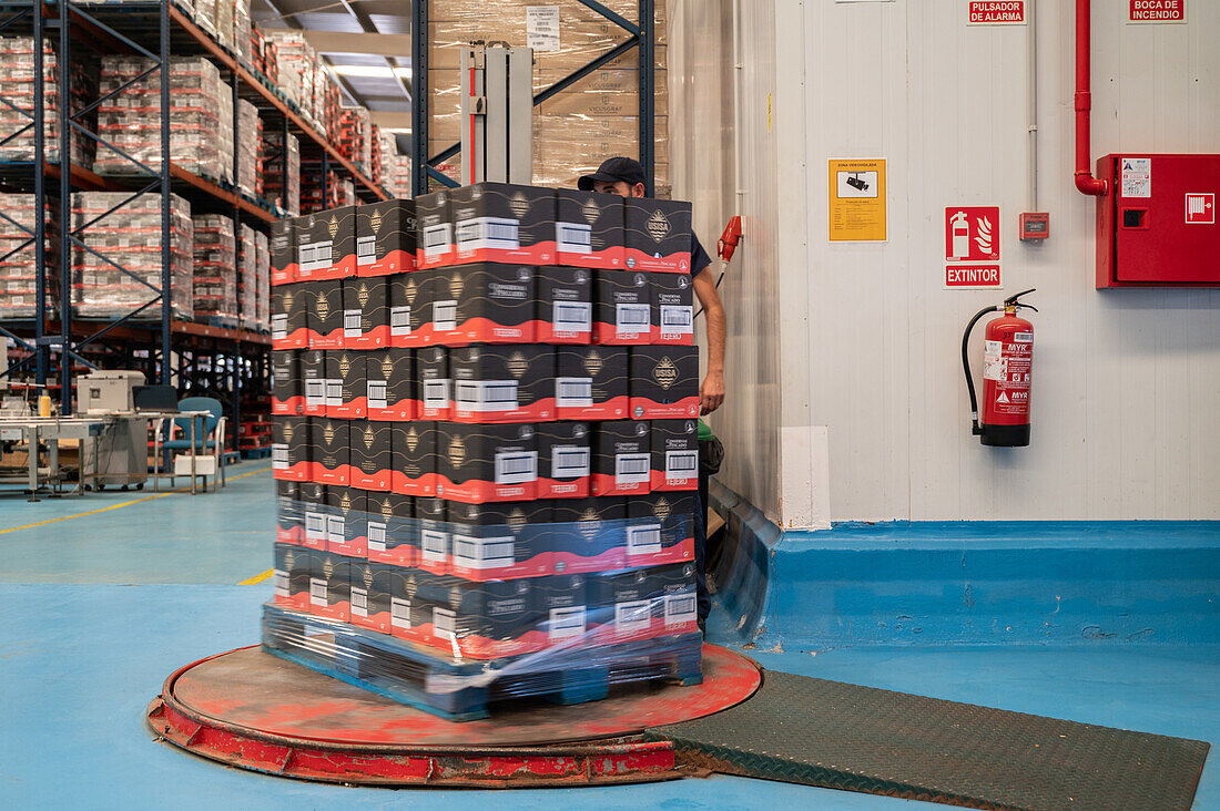 Wrapping boxes of canned fish at Fish canning factory (USISA), Isla Cristina, Spain