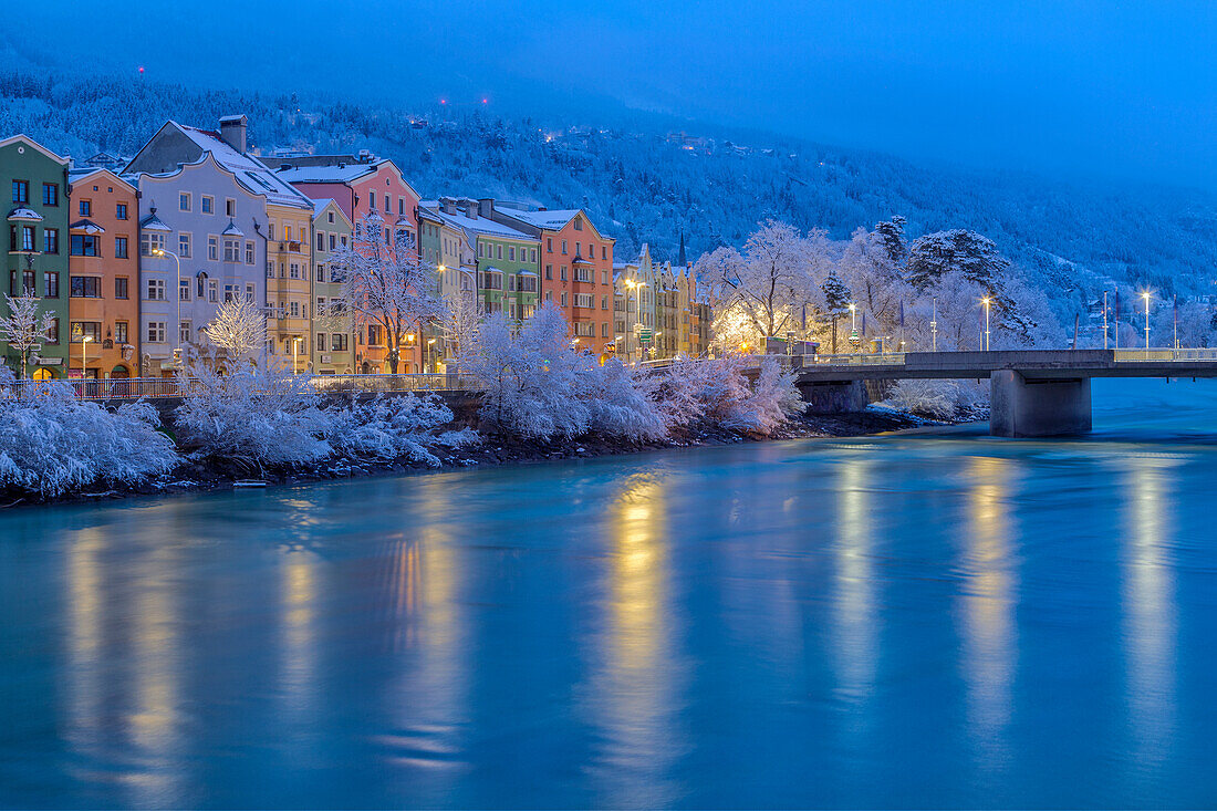 Snow on the iconic buildings of Mariahilf, Innsbruck, Tyrol, Austria, Europe
