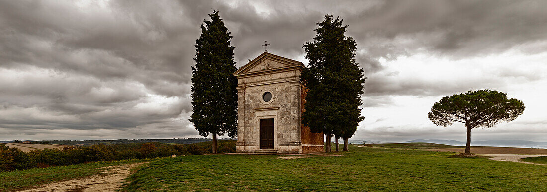 Die Kapelle der Madonna di Vitaleta, Val d'Orcia, Siena, Toskana, Italien