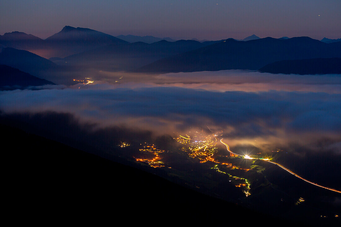 Wipptal Valley at night as seen from the Patscherkofel mountain, Patsch, Innsbruck Land, Tyrol, Austria, Europe