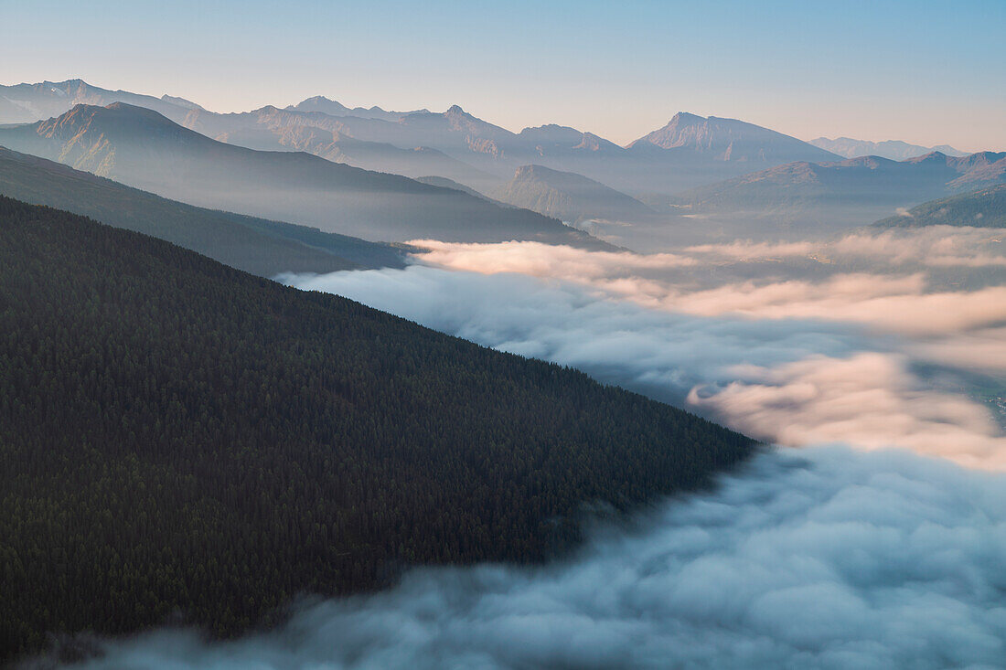 A foggy morning in Wipptal valley, Patscherkofel mountain, Innsbruck Land, Tyrol, Austria, Europe