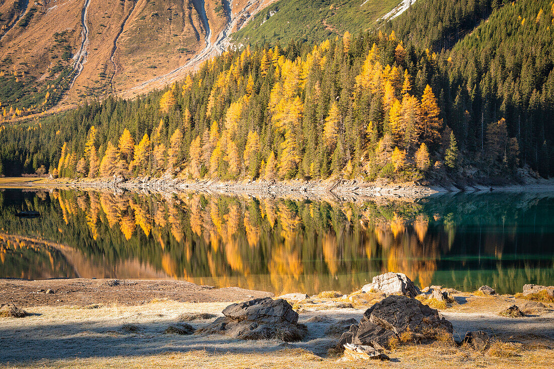 Bäume spiegeln sich an einem Herbsttag im Obernberger See, Obernberg am Brenner, Innsbrucker Land, Tirol, Österreich, Europa