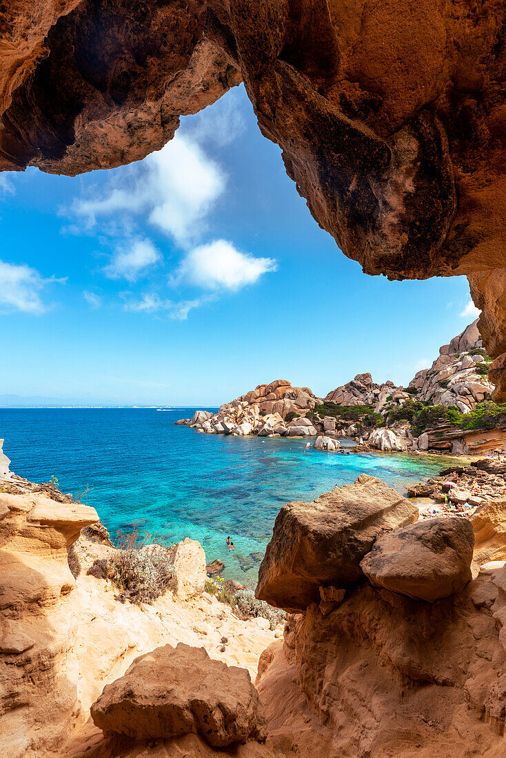 Cala Spinosa, Santa Teresa di Gallura, Capo Testa, Sardinia, Italy. Seascape from a cave in the rock.