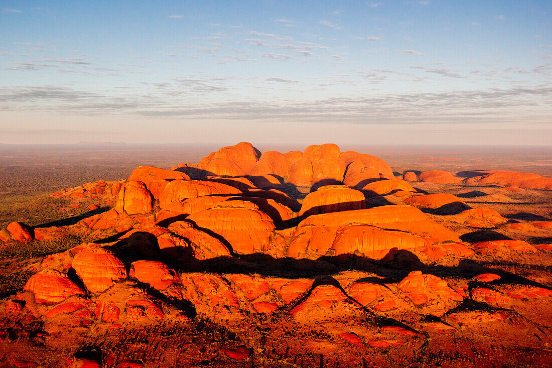 Kata Tjuta rocks at sunrise from helicopter, Aerial View, Red Center. Northern Territory, Australia