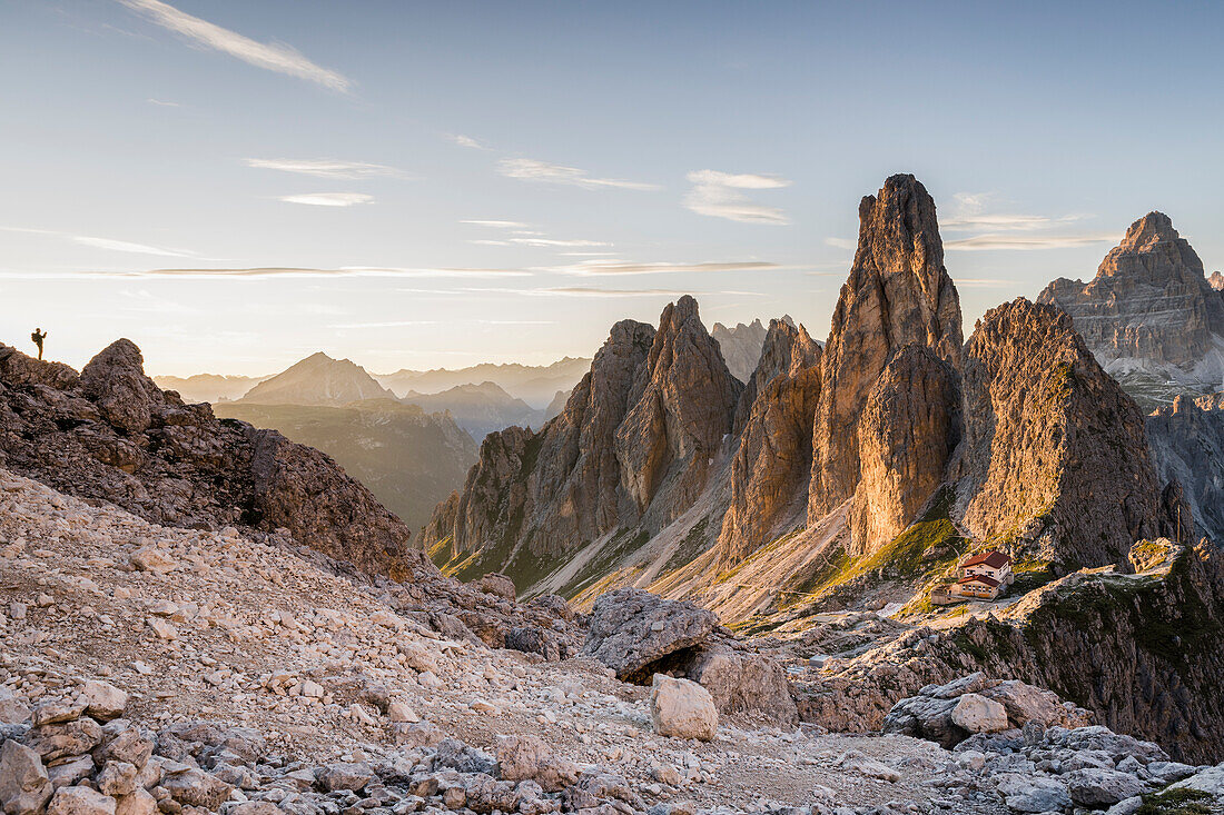 Italy,Veneto,province of Belluno,view over Fonda Savio Hut in the Cadini di Misurina group,with Picco di Vallandro and Monte Piana in the background