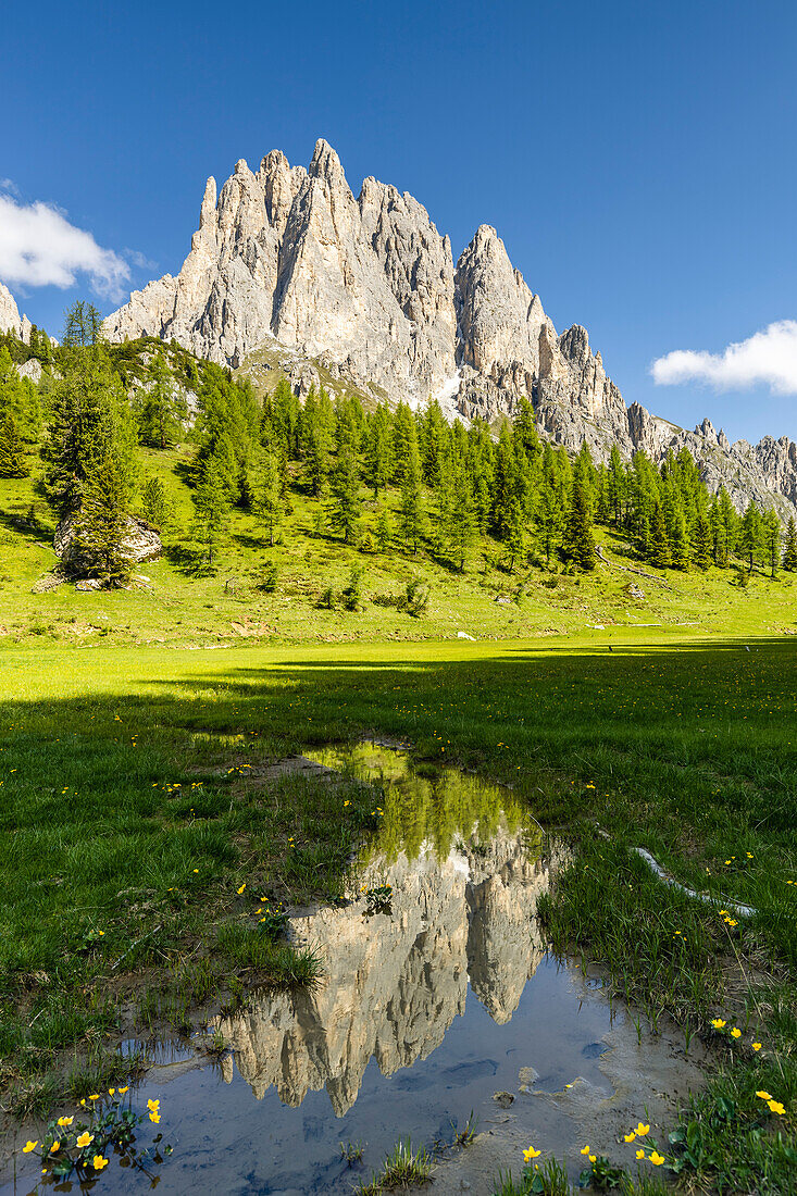 Italien, Venetien, Provinz Belluno, Auronzo di Cadore, Cadini di Misurina spiegeln sich in einem Bergbach