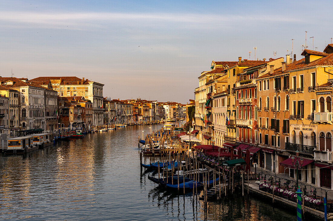 Italy,Veneto,Venice,the first lights of the day illuminate the Canal Grande (Grand Canal)