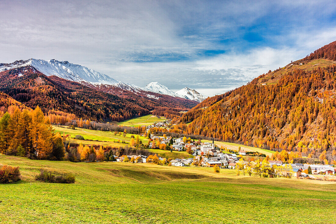 Traditional village of Sta.Maria in Val Mustair. Val Mustair, Canton Grisons, Switzerland.