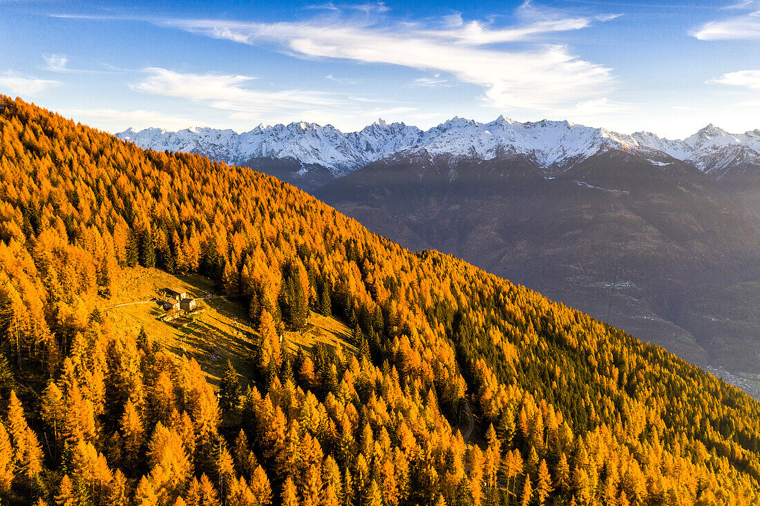 Gruppe von Hütten im Wald von der Sonne im Herbst beleuchtet. Schneebedeckte Berge im Hintergrund. Alpe Mara, Valtellina, Lombardei, Italien, Europa.