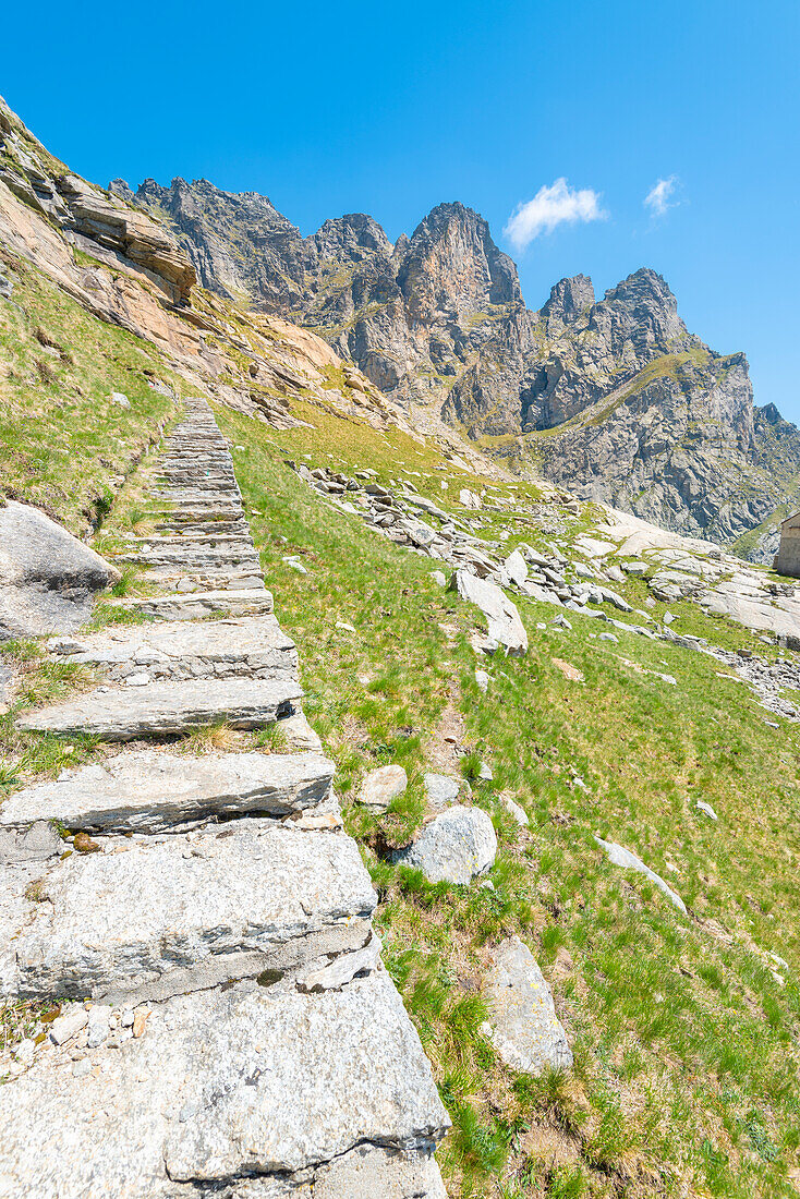 The path for Truzzo lake, Valle del Drogo, Valle Spluga, province of Sondrio, Lombardy, Italian alps, Italy