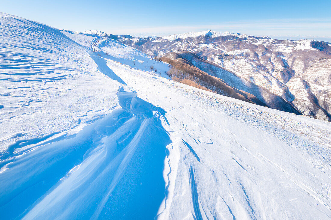 Trasformed snow on Monte Lesima (Valle Staffora, Oltrepo Pavese, Apennines, Province of Pavia, Lombardy, Italy)