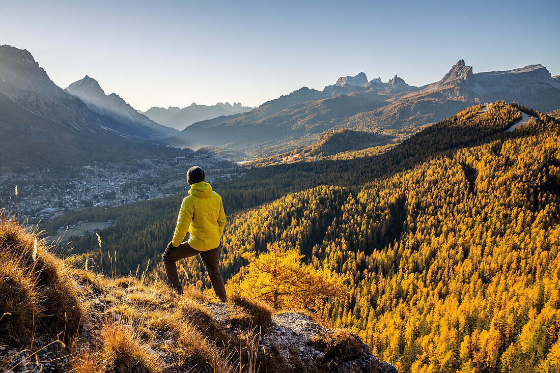 Admiring the sunrise over Cortina d'Ampezzo, Val Boite, Belluno province, Veneto, Italy (MR)