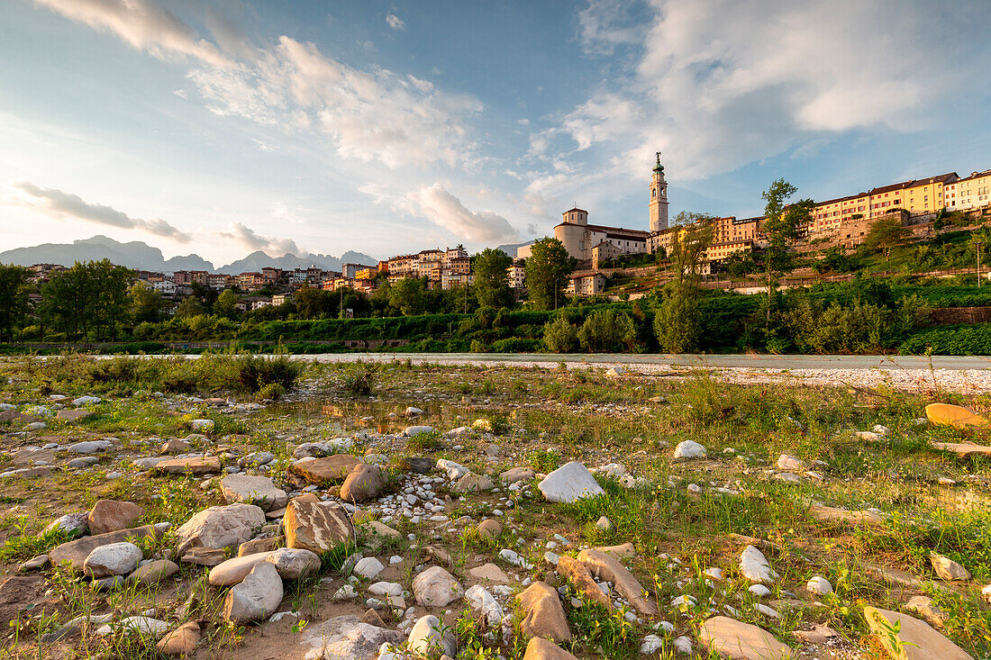 View of the historic center of Belluno from the bed of the Piave river. Europe, Italy, Veneto, Province of Belluno, Belluno