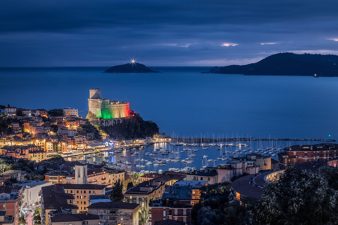 Overview at the blue hour on the town of Lerici, municipality of Lerici, La Spezia province, Liguria district, Italy, Europe