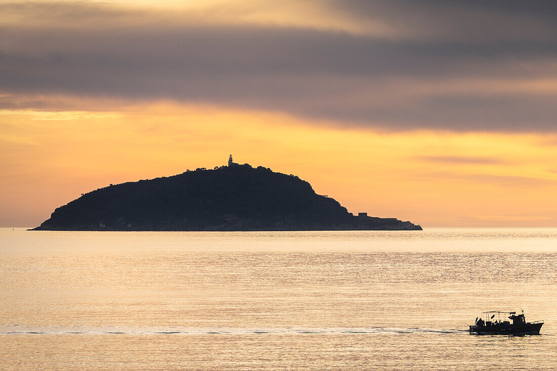 Sunset on the Gulf of Poets, Tino Island, municipality of Lerici, La Spezia province, Liguria, Italy, Europe