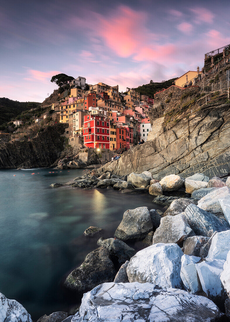 After sunset on the village of Riomaggiore, National Park of Cinque Terre, municipality of Riomaggiore, La Spezia province, Liguria district, Italy, Europe