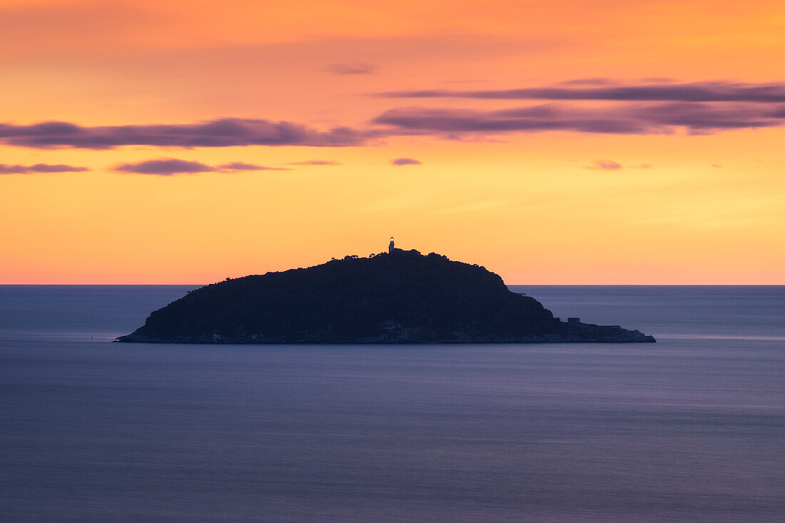 Sunset on the Gulf of Poets, Tino Island, municipality of Lerici, La Spezia province, Liguria, Italy, Europe
