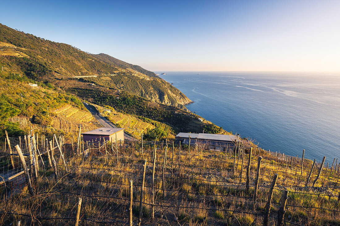 Panoramablick beim Aufstieg auf dem Weg zur Wallfahrtskirche Nostra Signora di Montenero, Nationalpark Cinque Terre, Gemeinde Riomaggiore, Provinz La Spezia, Region Ligurien, Italien, Europa